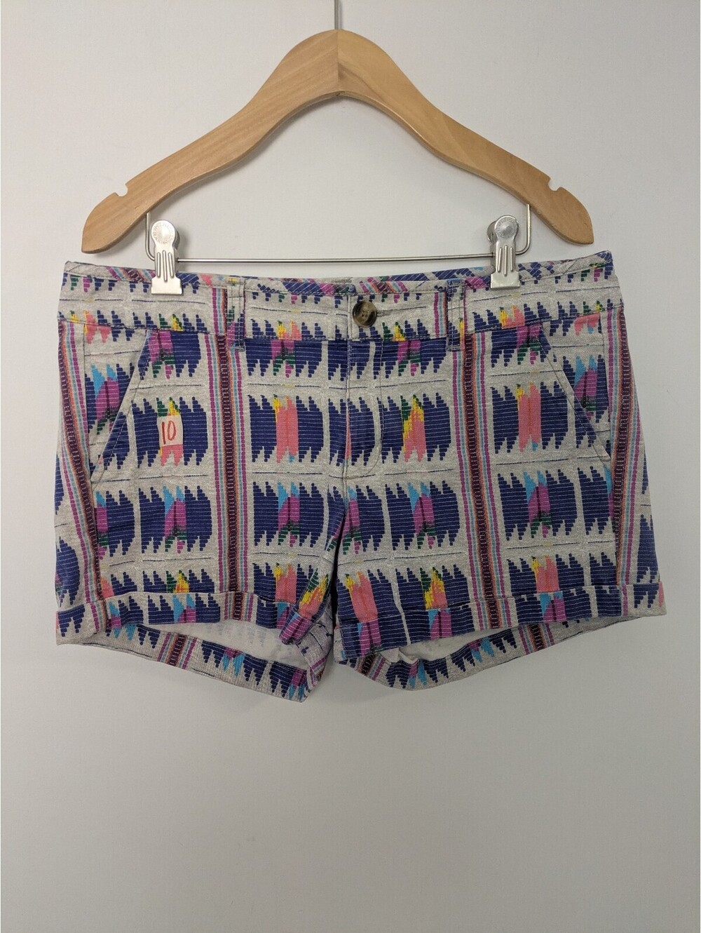 Midi Stretch Geometric Aztec Print Shorts Size 10 Colorful Cotton Cuffed Shorts